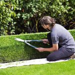 Woman trimming a low hedge with hand shears